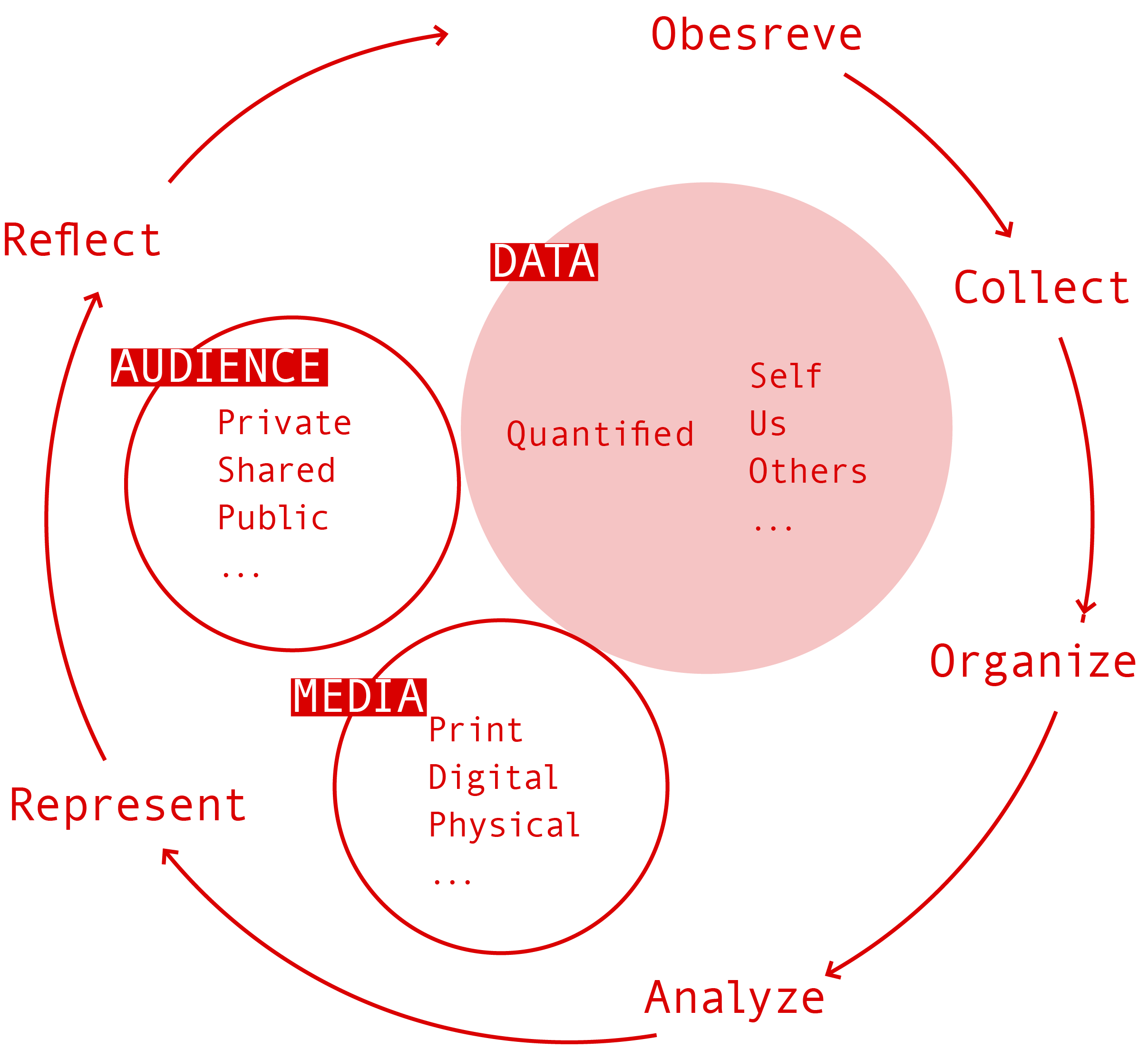 Process diagram showing a cyclical class process: observe, collect, organize, analyze, represent, and reflect, shaped by data, media, and audience.